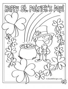 St Patricks Day Leprechaun, Lucky Clover and Pot of Gold coloring page