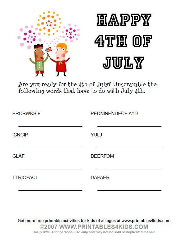 free fourth of july coloring pages. 4th of July Word Scramble