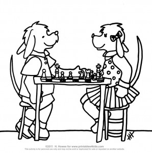 Dogs playing chess coloring page
