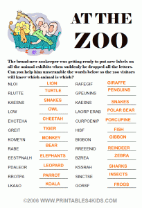 At the Zoo Word Scramble Answer Key