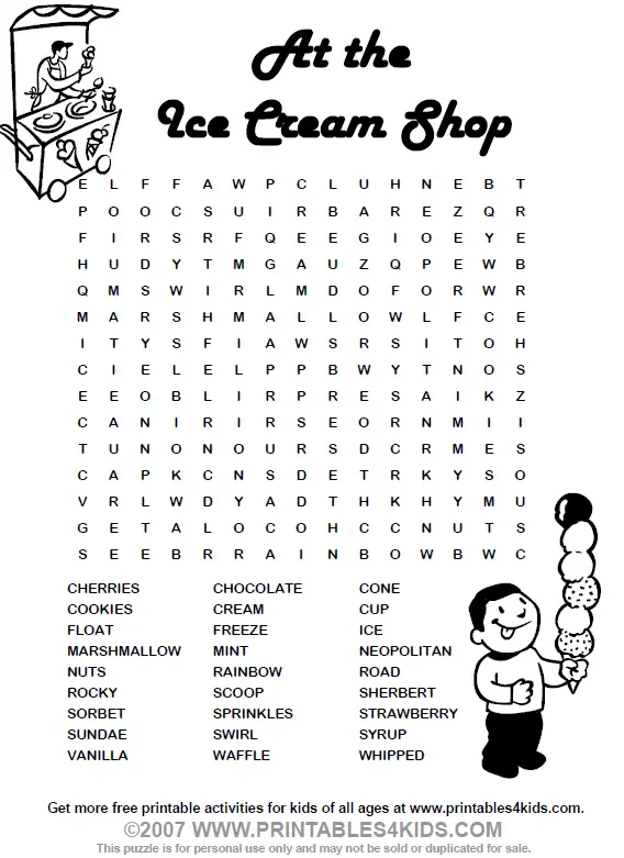 Ice Cream Word Search : Printables for Kids - free word ...