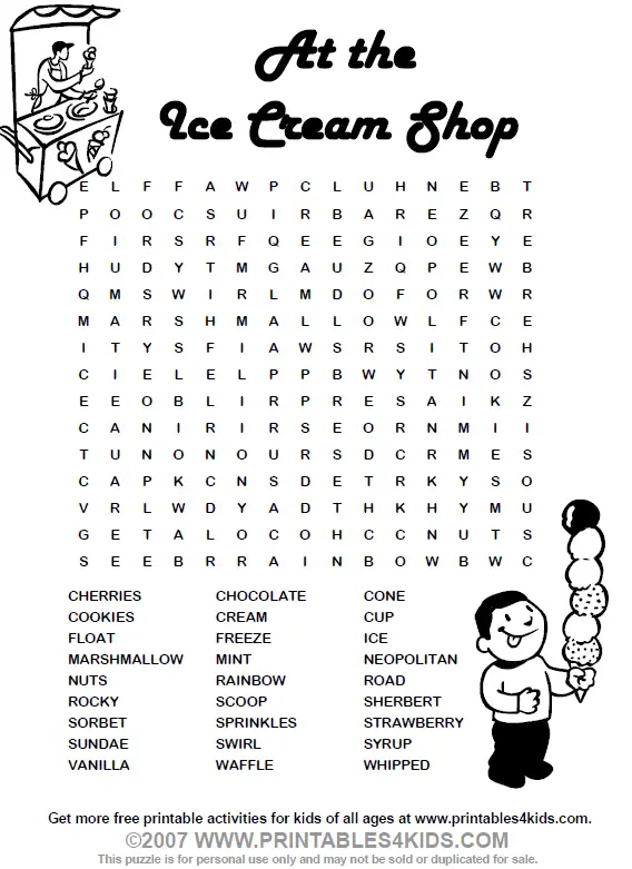 Ice Cream Word Search Printables For Kids Free Word Search Puzzles Coloring Pages And