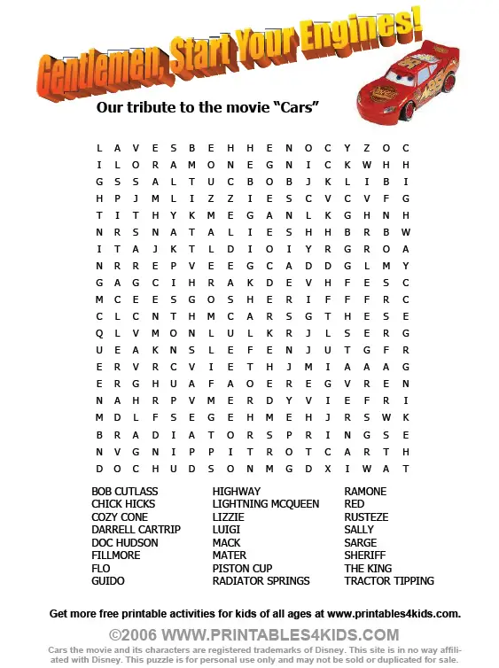 cars movie word search printables for kids free word search puzzles coloring pages and other activities