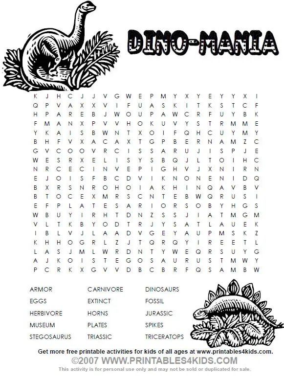 Dinosaur Word Search Printables for Kids free word search puzzles