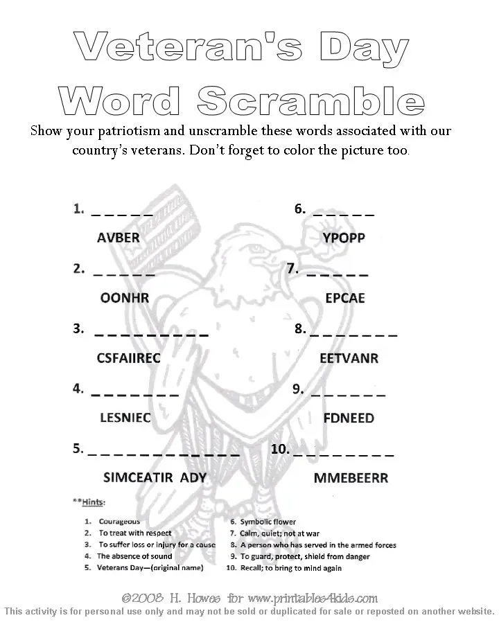 Veterans Day Word Scramble Printables for Kids free word search
