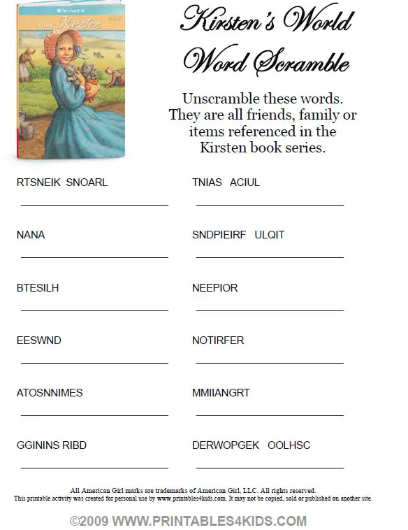 American Girl Kirsten Word Scramble Printables For Kids Free Word Search Puzzles Coloring