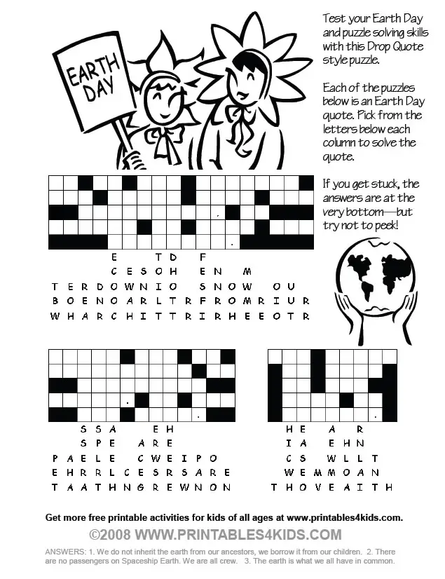 Earth Day Drop Quote Puzzle – Printables for Kids – free word search puzzles, coloring pages, and other activities