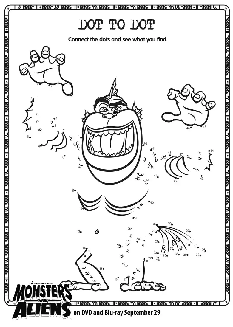 Monsters vs Aliens Dot to Dot Printable Printables for Kids – free word search puzzles coloring pages and other activities
