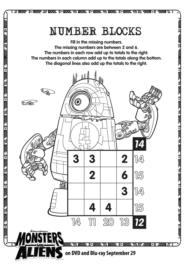 Monsters vs Aliens Number Blocks Soduko printable : Printables for Kids