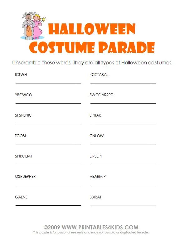 Halloween Costume Word Scramble Printables For Kids Free Word 