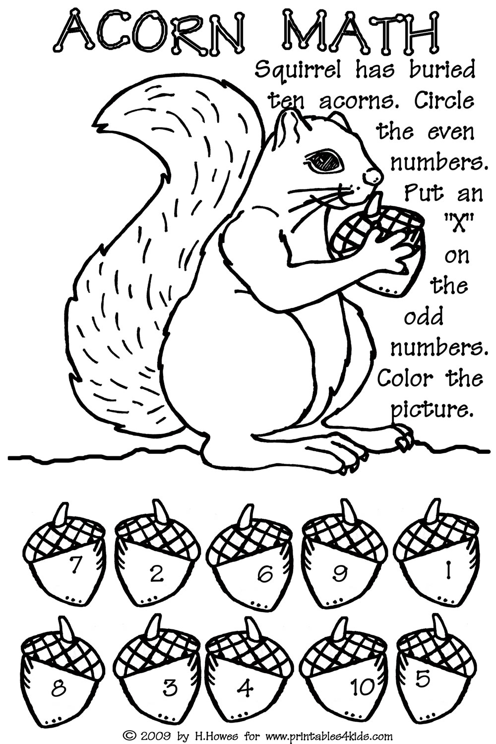 Odd and Even Math Concepts for Preschool – Fall Acorn Theme Printables for Kids – free word search puzzles coloring pages and other activities