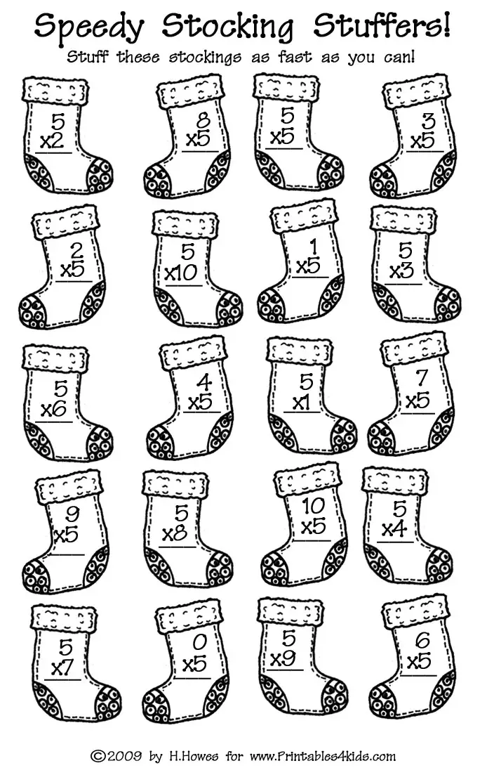 christmas math speed drill multiplication fives  printables