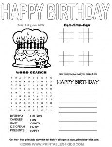 4 in 1 Birthday Game Sheet - word search, tic tac toe