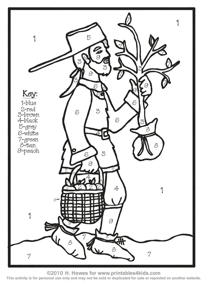 Download Johnny Appleseed John Chapman Color by Number : Printables for Kids - free word search puzzles ...