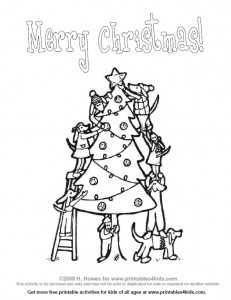 Dogs decorating the Christmas Tree coloring page