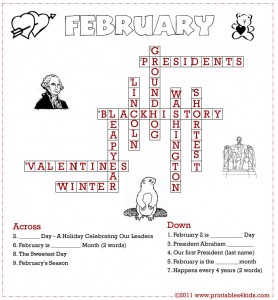 Printable February Crossword Puzzle for Kids Answer Key